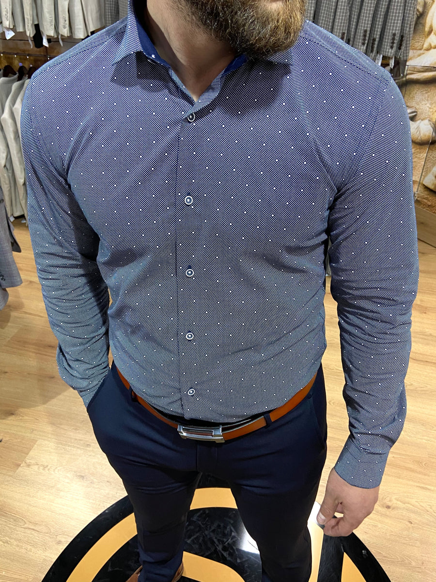 navy blue dress shirt with white polka dots