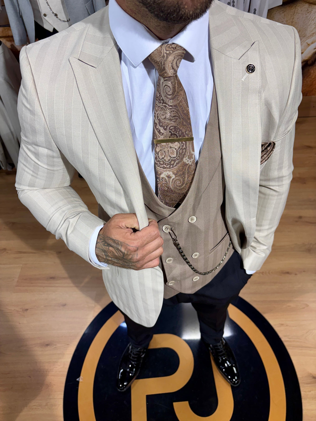 Elanga - Beige/Brown 3 Piece Suit