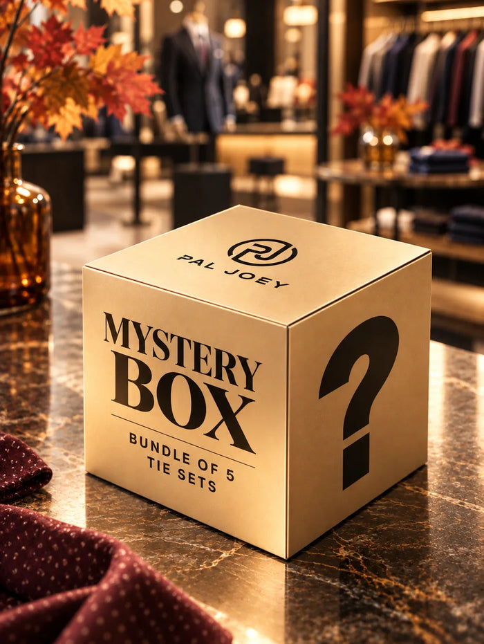 A gold mystery box labeled 'PAL JOEY' and 'MYSTERY BOX BUNDLE OF 5 TIE SETS' sits on a polished marble counter in a clothing store, with a large black question mark printed on one side.