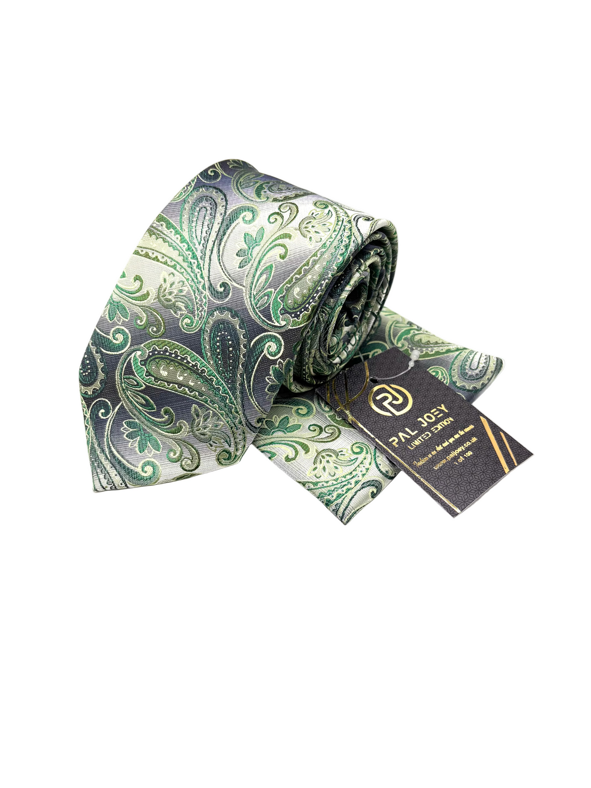 Green and gray paisley tie with a tag on a white background