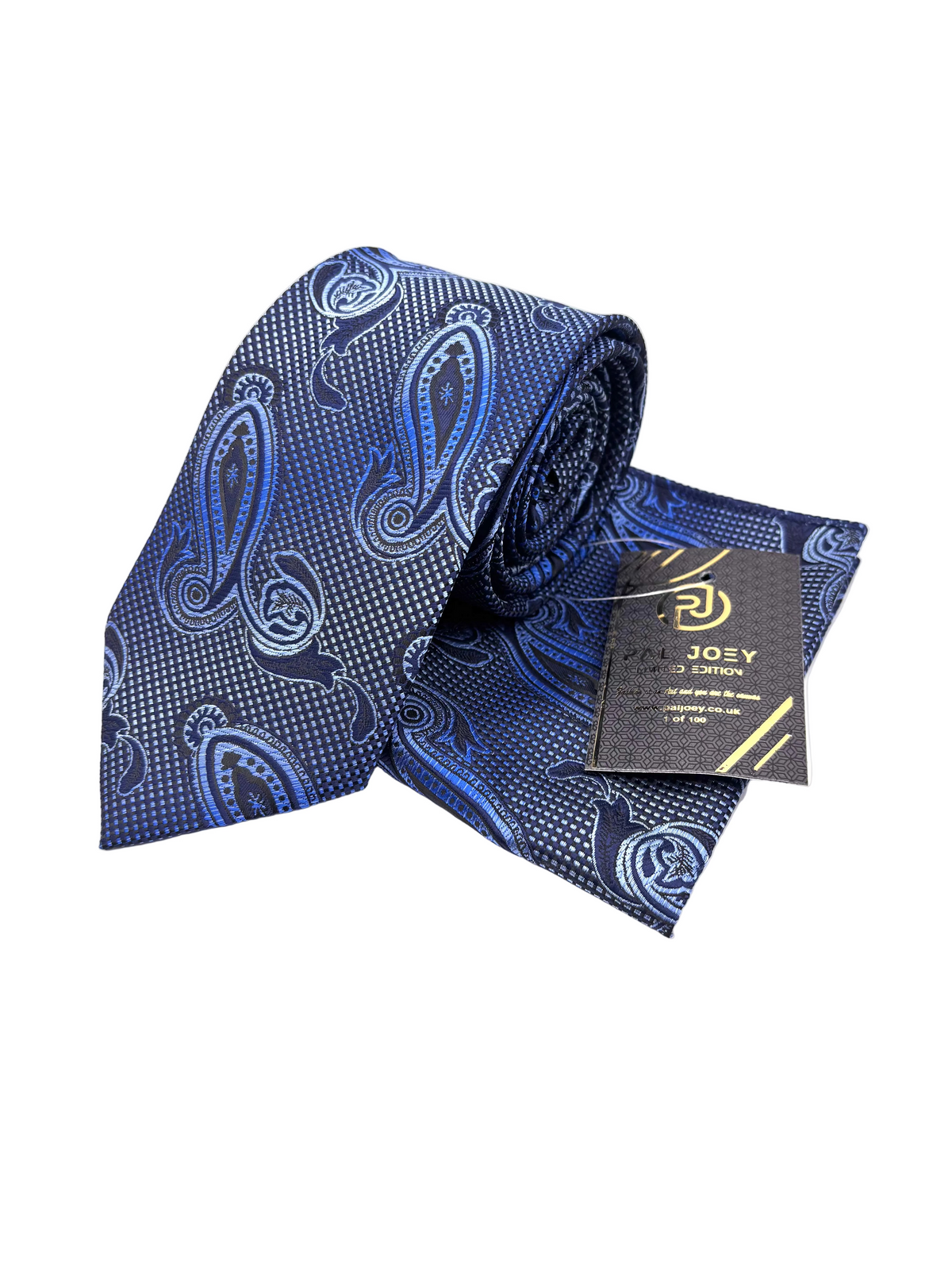 Blue paisley patterned tie with a matching pocket square and tag on a white background