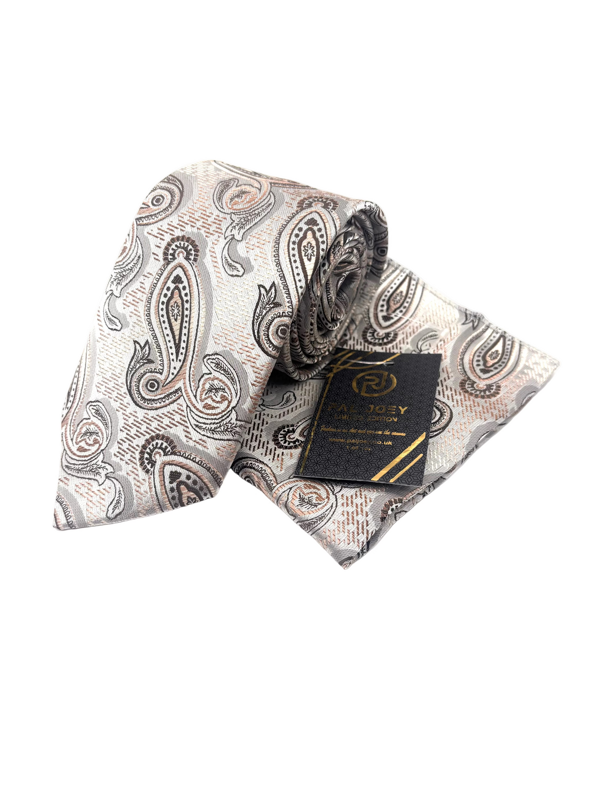 Folded paisley tie with a brand tag on a white background