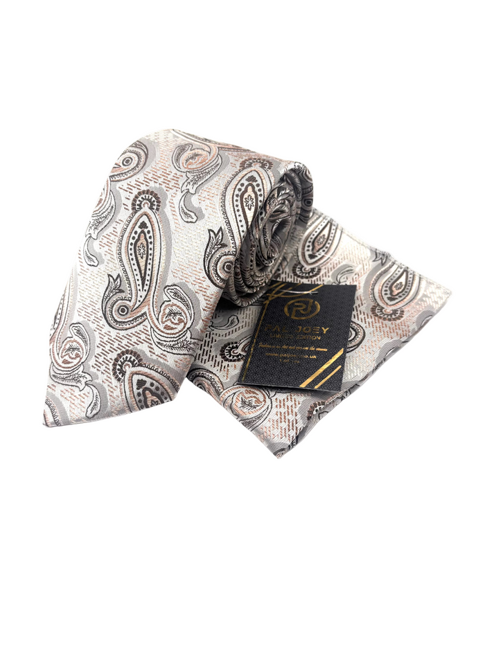 Folded paisley tie with a brand tag on a white background