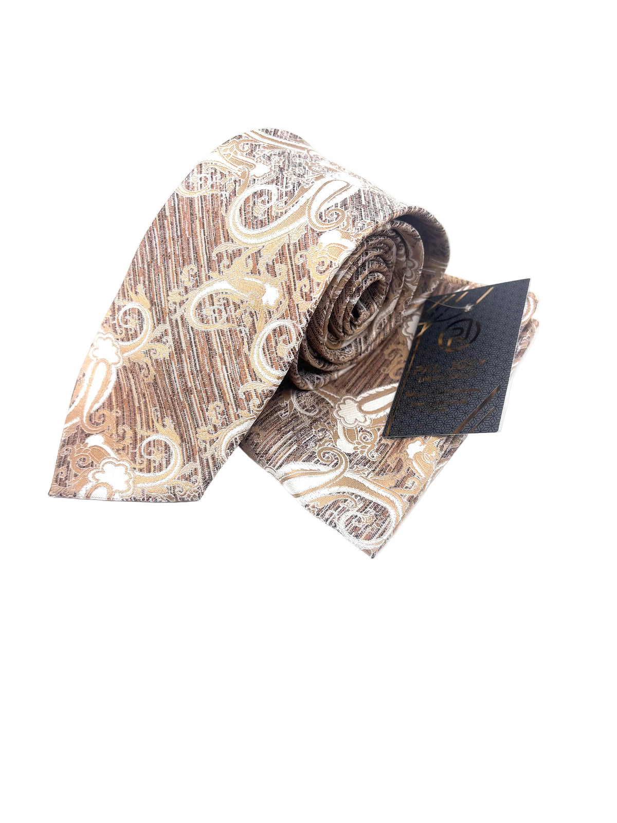 A rolled necktie with a brown, beige, and gold paisley pattern, shown with a black brand tag on a plain white background.