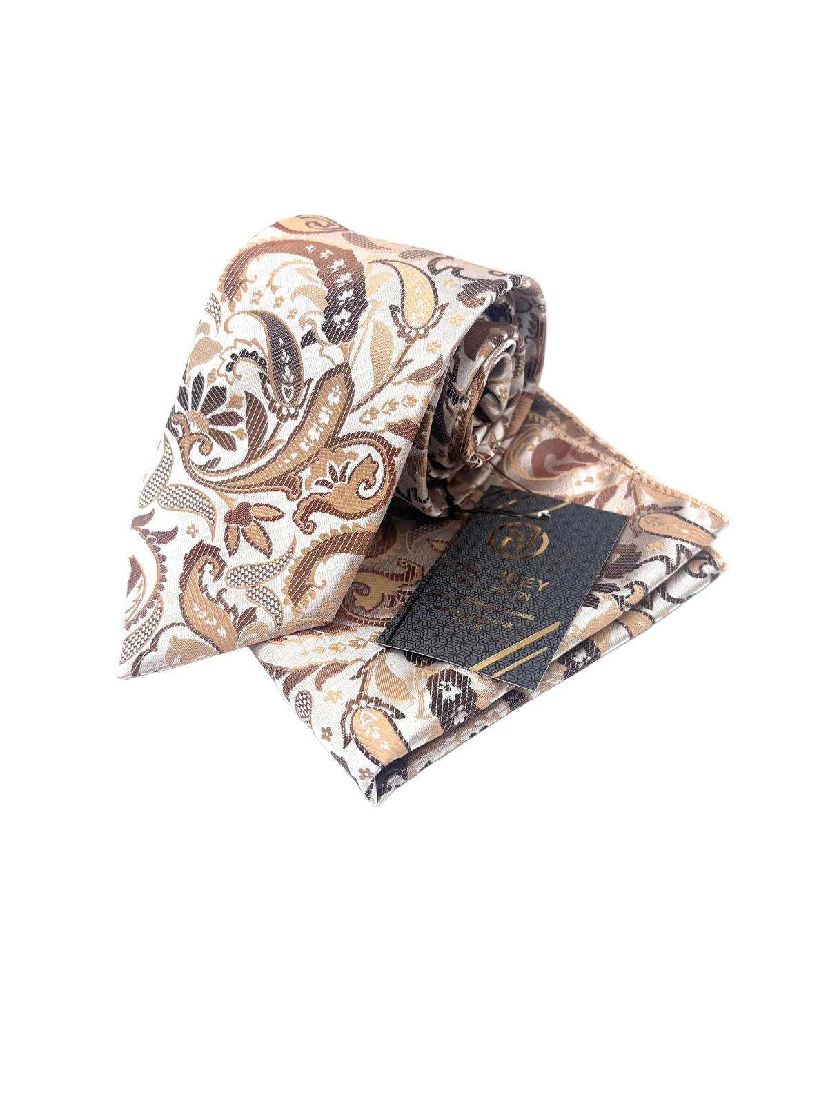 A rolled necktie with a brown, beige, and black paisley pattern, accompanied by a matching folded pocket square and a black brand tag with gold lettering, set against a plain white background.