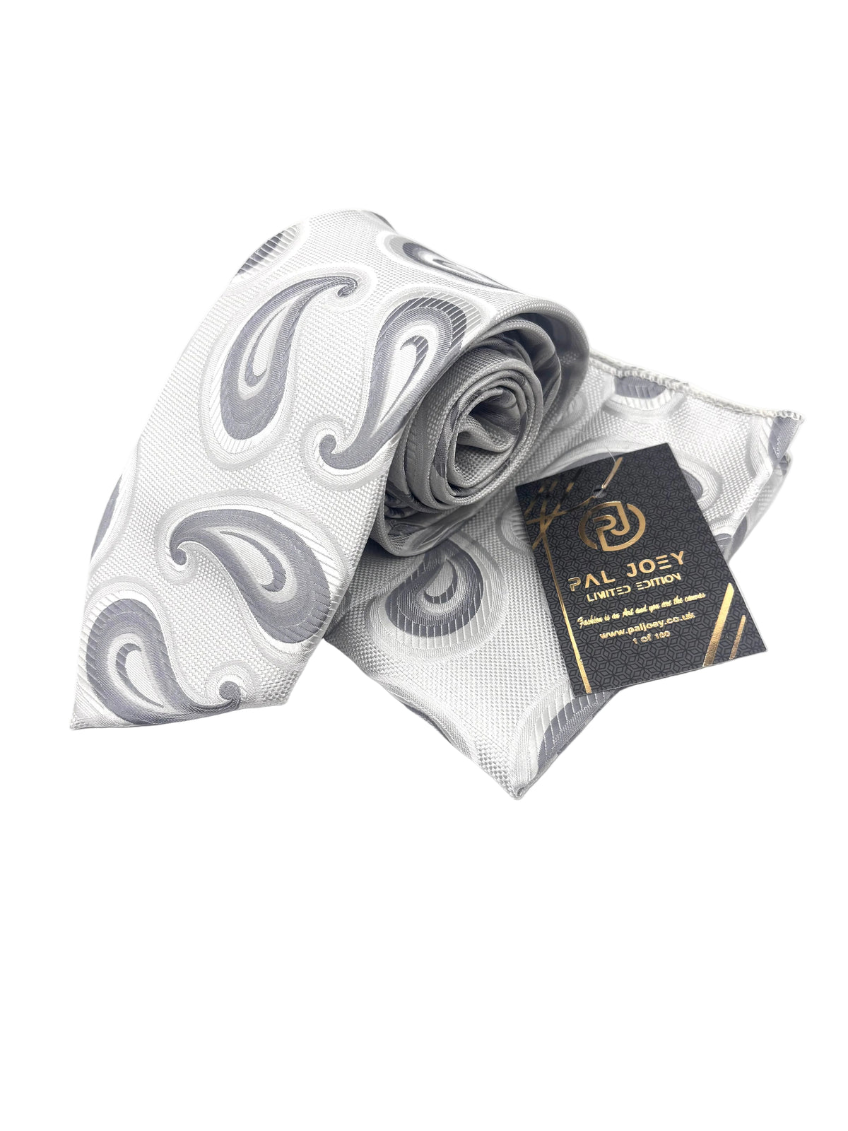 A rolled and folded white necktie with a gray paisley pattern, shown with a black brand tag that reads 'PAL JOEY UNITED CARDS'.