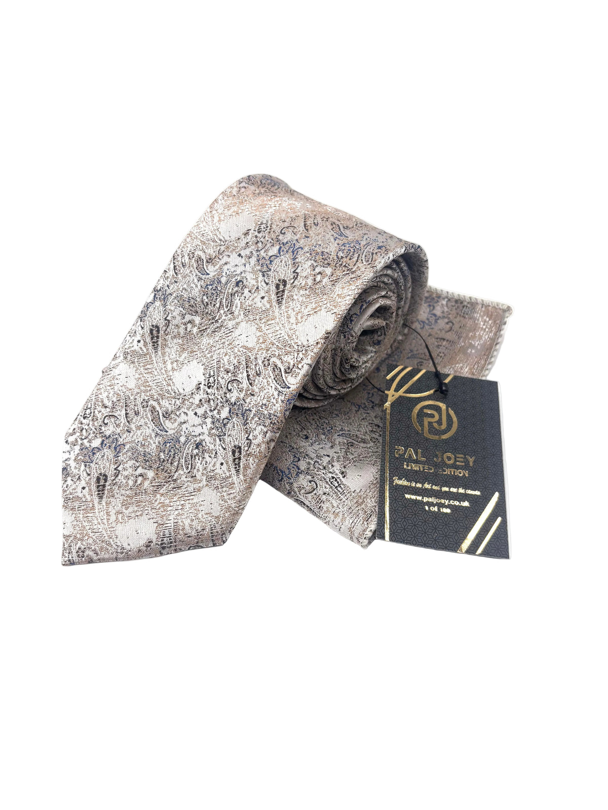 A rolled necktie with an abstract, textured pattern in beige, gray, and brown tones, displayed next to a black brand tag on a white background.