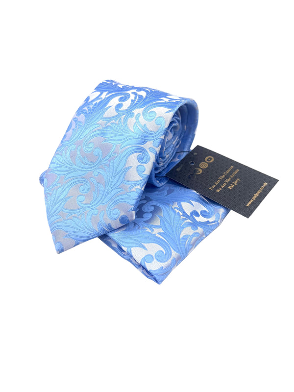 A light blue silk necktie with a matching paisley patterned pocket square, displayed on a white background with a black brand tag.