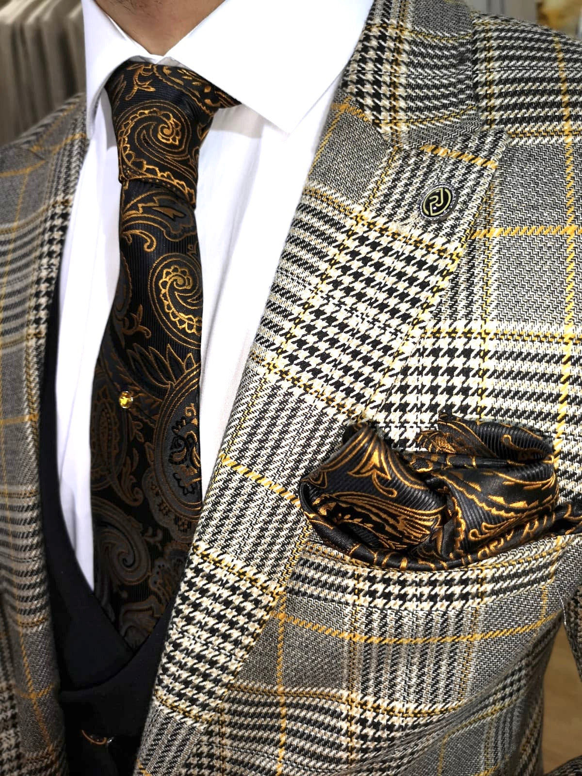 Morteza - Yellow/Grey/Black 3 Piece Suit