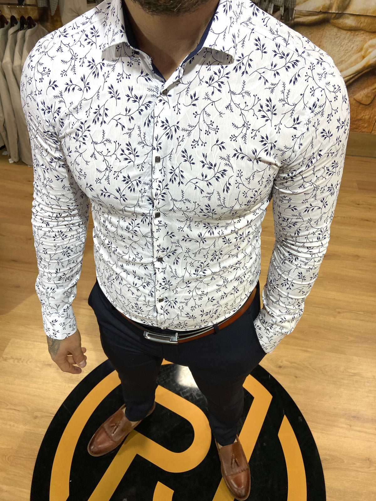 1497 White & Navy L/S Shirt