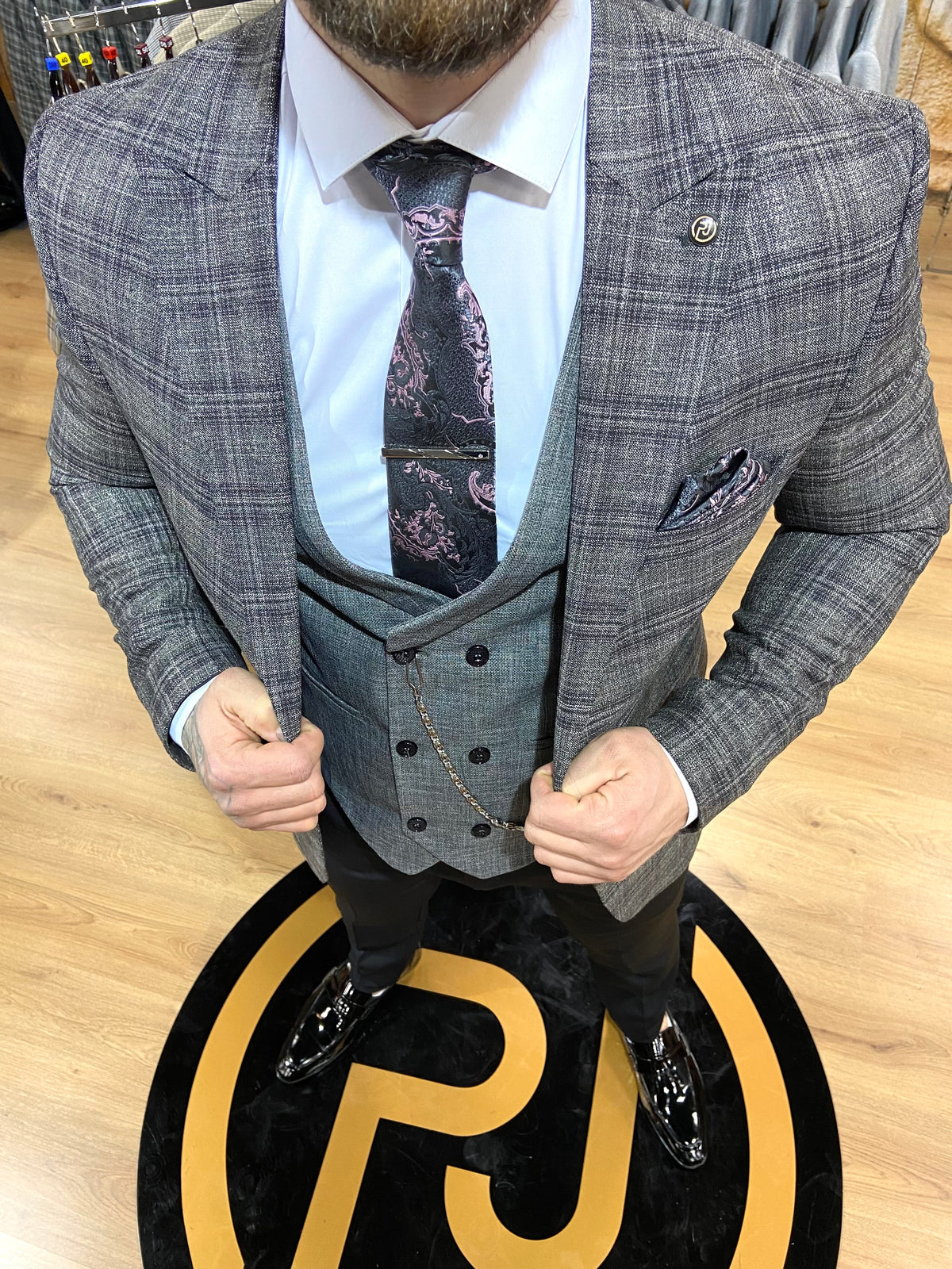 Mens grey 3 piece slim suit