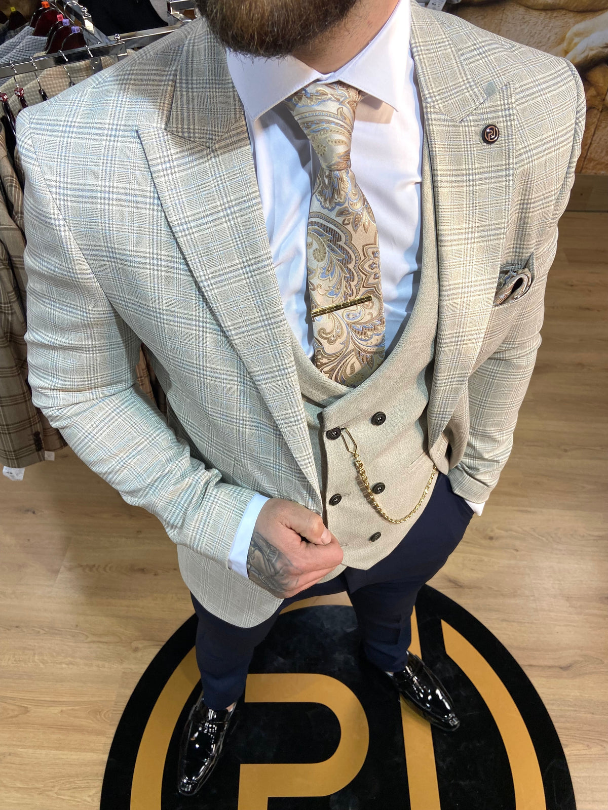 Mens stone 3 piece slim suit