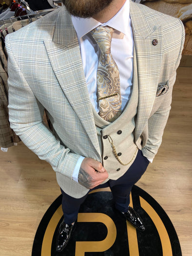 Mens stone 3 piece slim suit