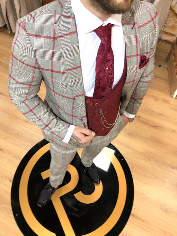 Savino - Grey/Red 3 Piece Suit