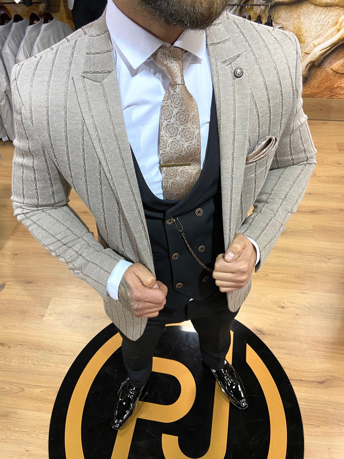 Mens beige 3 piece slim suit