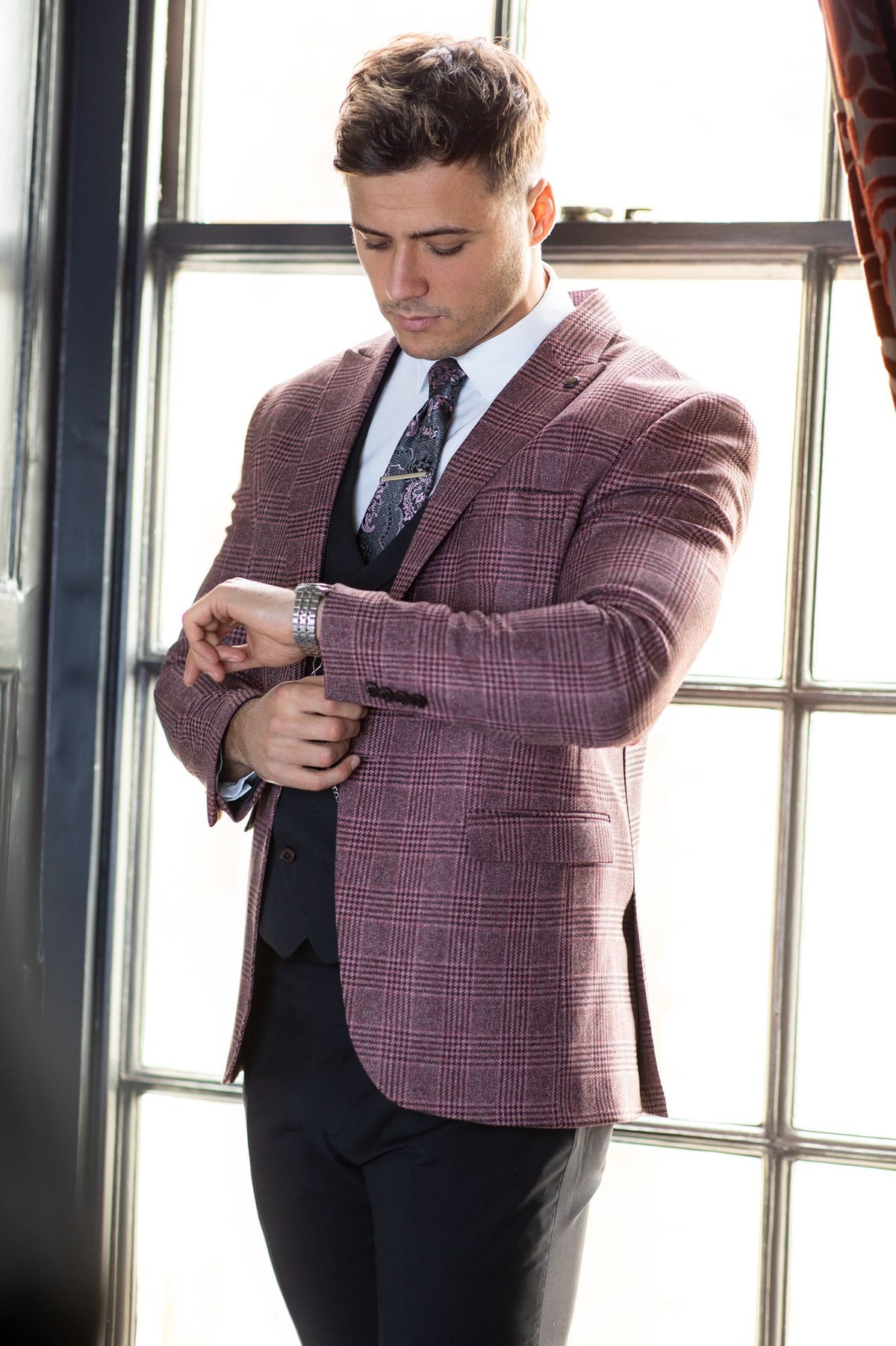 Mens red 3 piece slim suit
