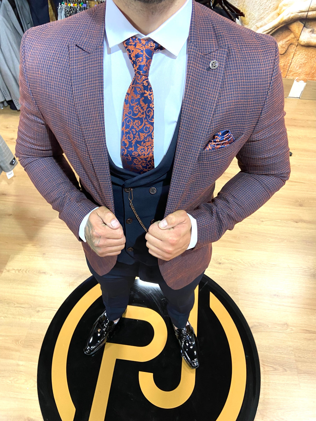 Gazza - Burnt Orange/Navy 3 Piece Suit