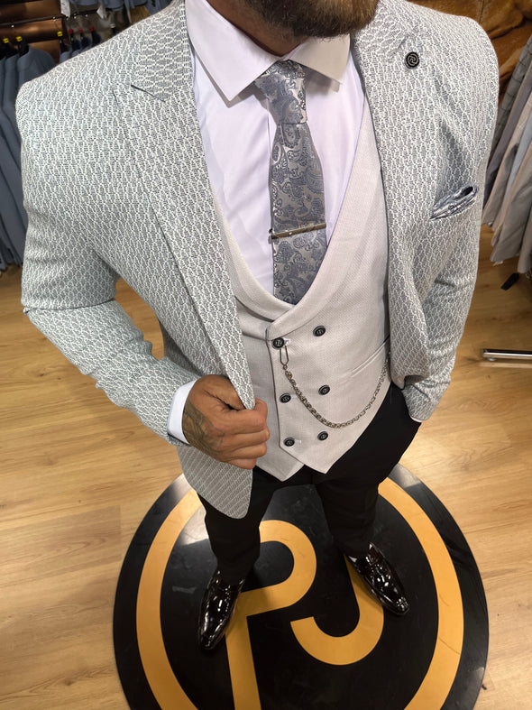 Romario - Light Grey/Turquoise 3 Piece Suit