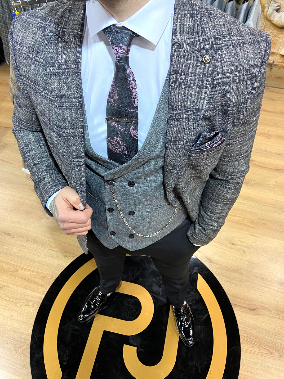 Mens grey 3 piece slim suit