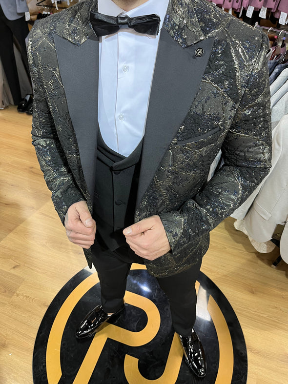 Saluzzo - Black/Gold/Blue 3 Piece Suit
