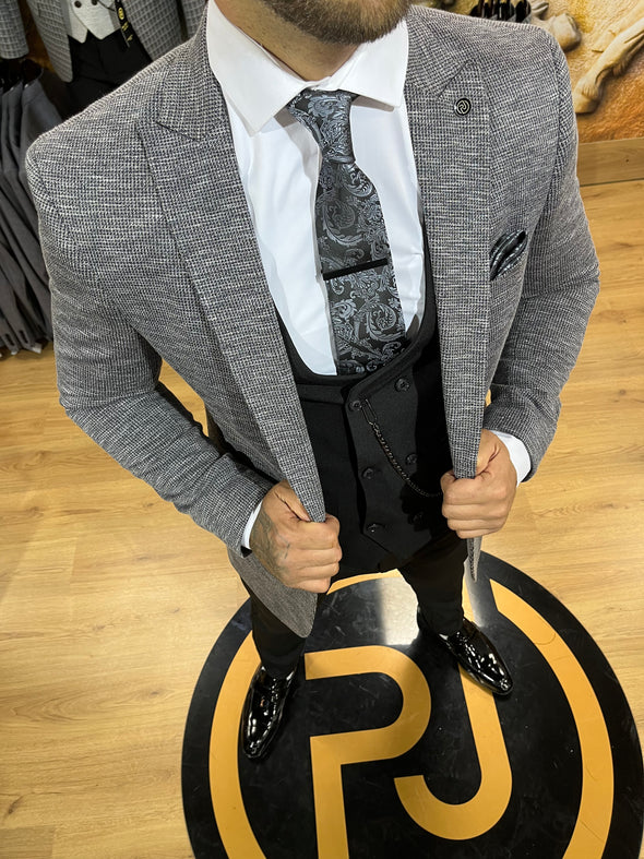 Salah - Charcoal Grey/Black 3 Piece Suit