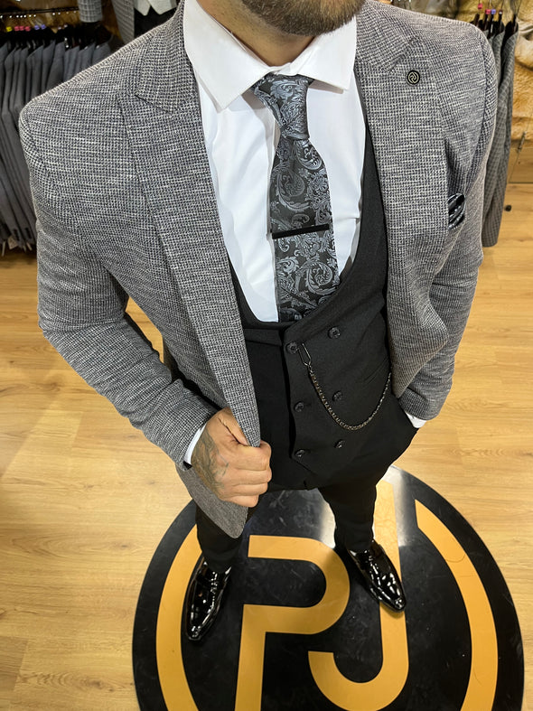 Salah - Charcoal Grey/Black 3 Piece Suit