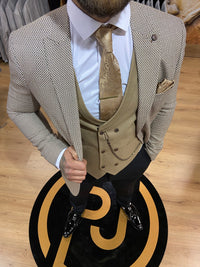 Mens beige 3 piece slim suit