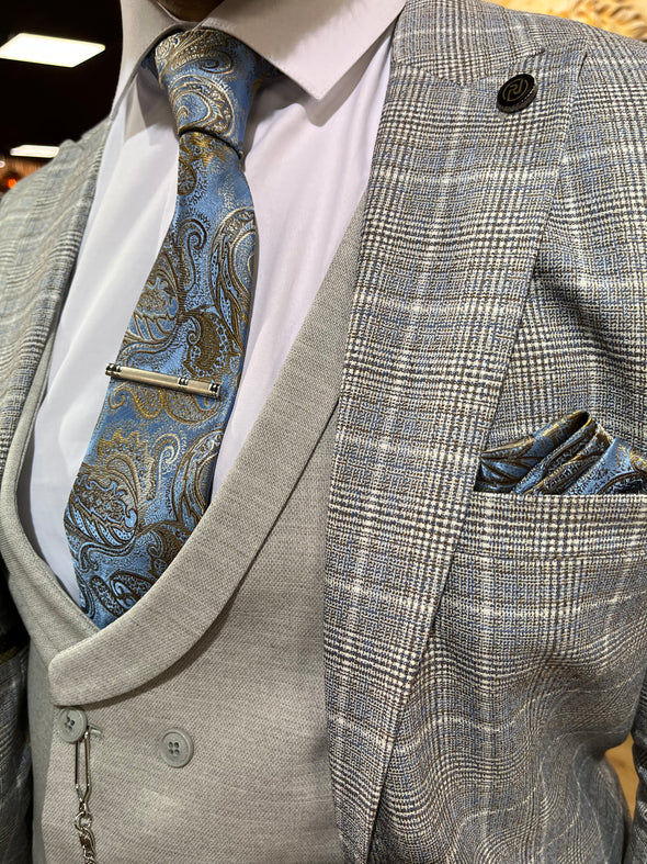 Bari - Grey/Blue 3 Piece Suit