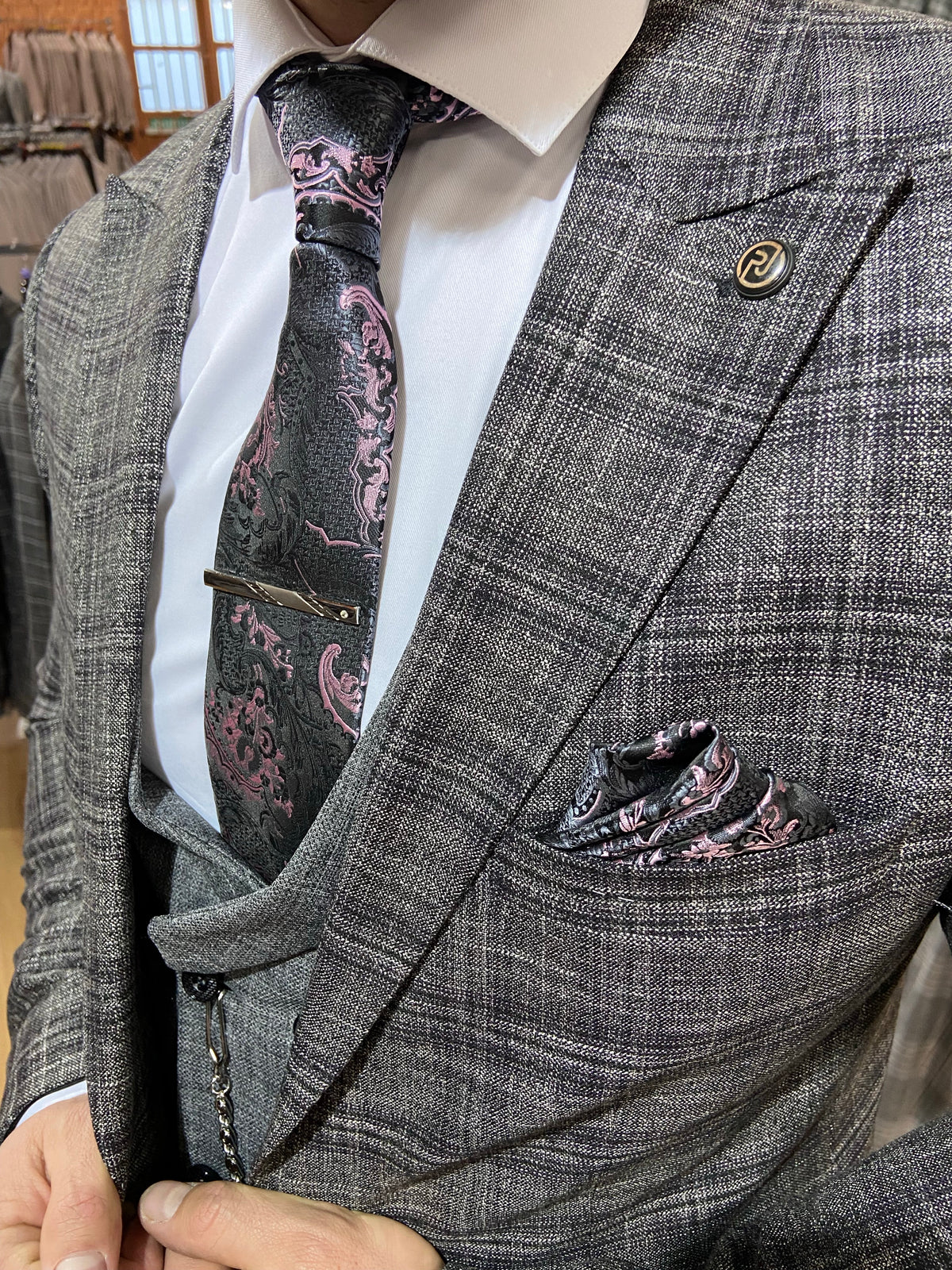Mens grey 3 piece slim suit