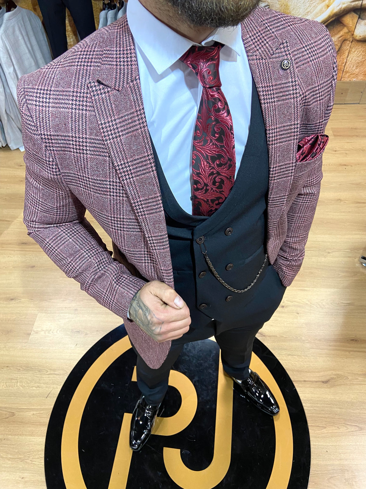 Mens red 3 piece slim suit